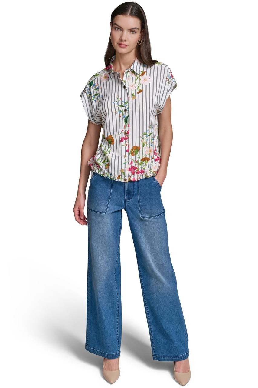 Karl Lagerfeld Paris Floral & Stripe Button‑Up Shirt Soft White Multi M NWT $99