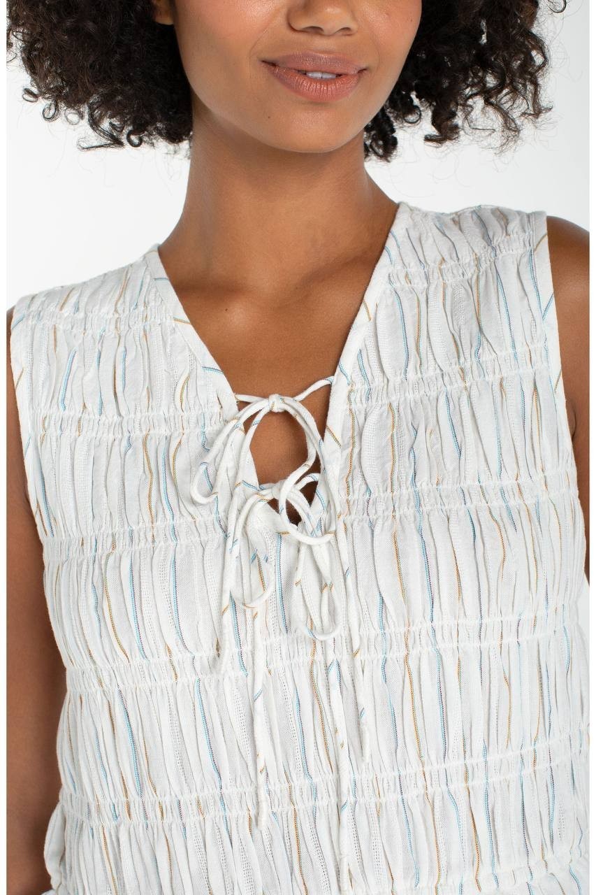 Liverpool LA Stripe Smocked Tie Sleeveless Cotton Tank Cream Blue S NWOT $89