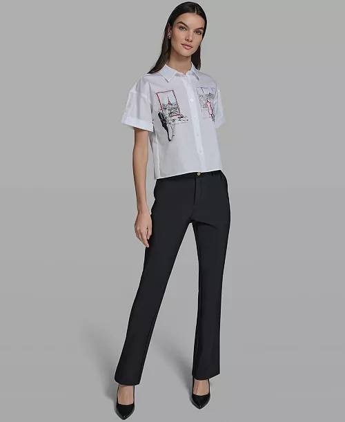 Karl Lagerfeld Paris Cropped City Scene Collared Top White S NWT $109