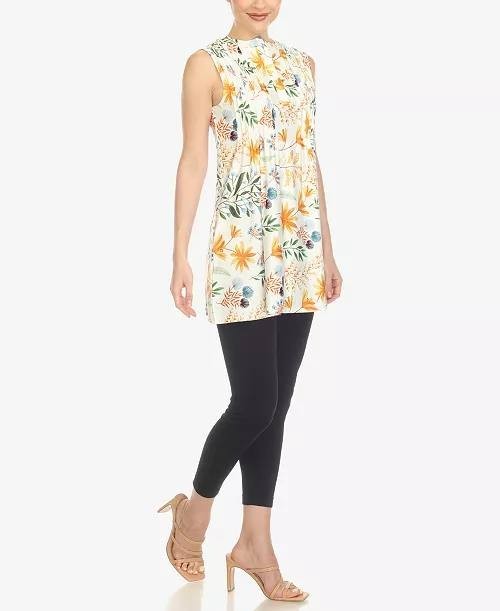 White Mark Floral Sleeveless Tunic Top Pin‑Tuck Pleated White XL NWT $52