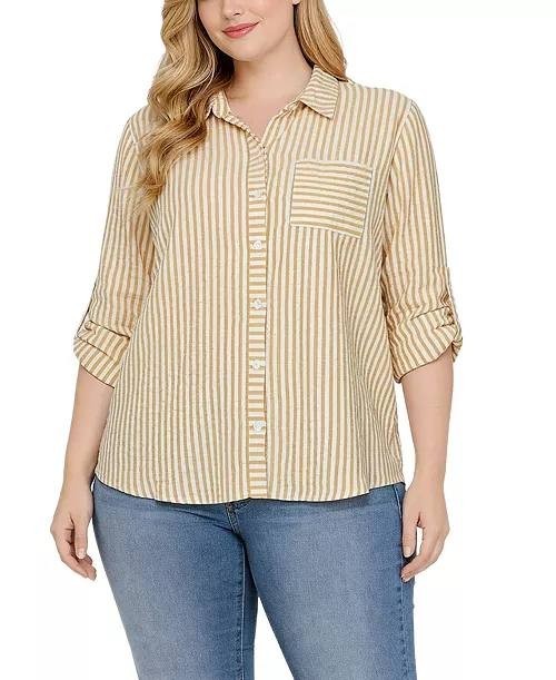 NY Collection 3/4‑Sleeve Roll Tab Button‑Front Top Yellow L NWT $46