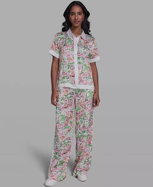 Karl Lagerfeld Collared Printed Button Top Soft White/Pink Carnation L NWT $99