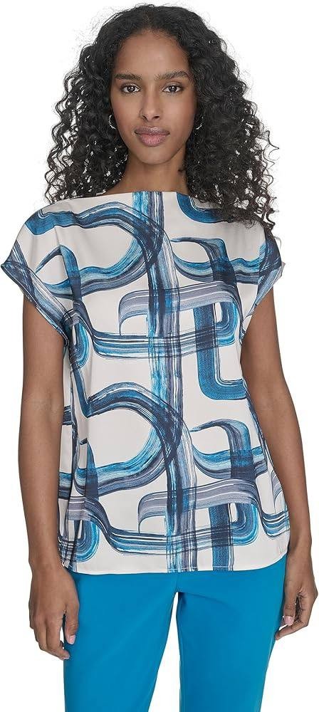 Calvin Klein Printed Sleeveless Pleat‑Neck Cami Top Blue M NWT $49