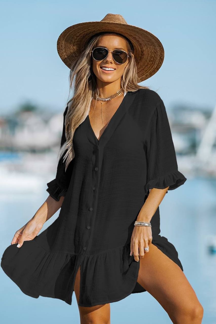 Cupshe Black Ruffled Swim Cover‑Up Dress Size L NWT Beachwear Summer msrp$53