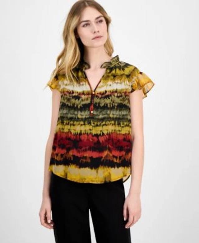 Anne Klein Printed Ruffled Neck Flutter Sleeve Chiffon Top Multi M NWT $79