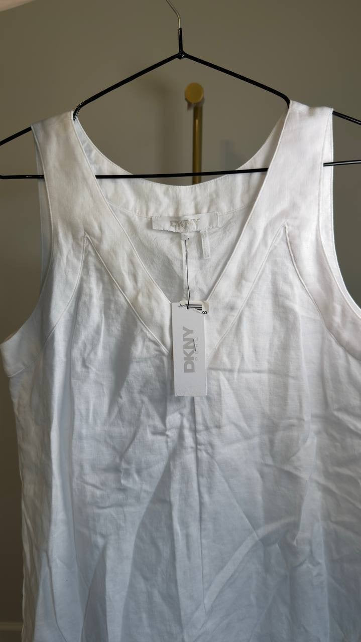 DKNY V‑Neck Linen Sleeveless Maxi Dress White S NWT $115