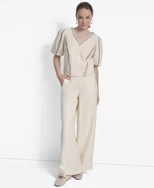 DKNY Top L Beige Cotton Grommet Puff Sleeve V-Neck Lattice Trim Modern