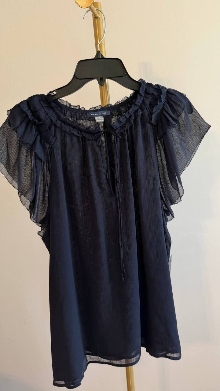 Tommy Hilfiger Women’s Split‑Neck Flutter‑Sleeve Blouse Midnight XL $79 NWT