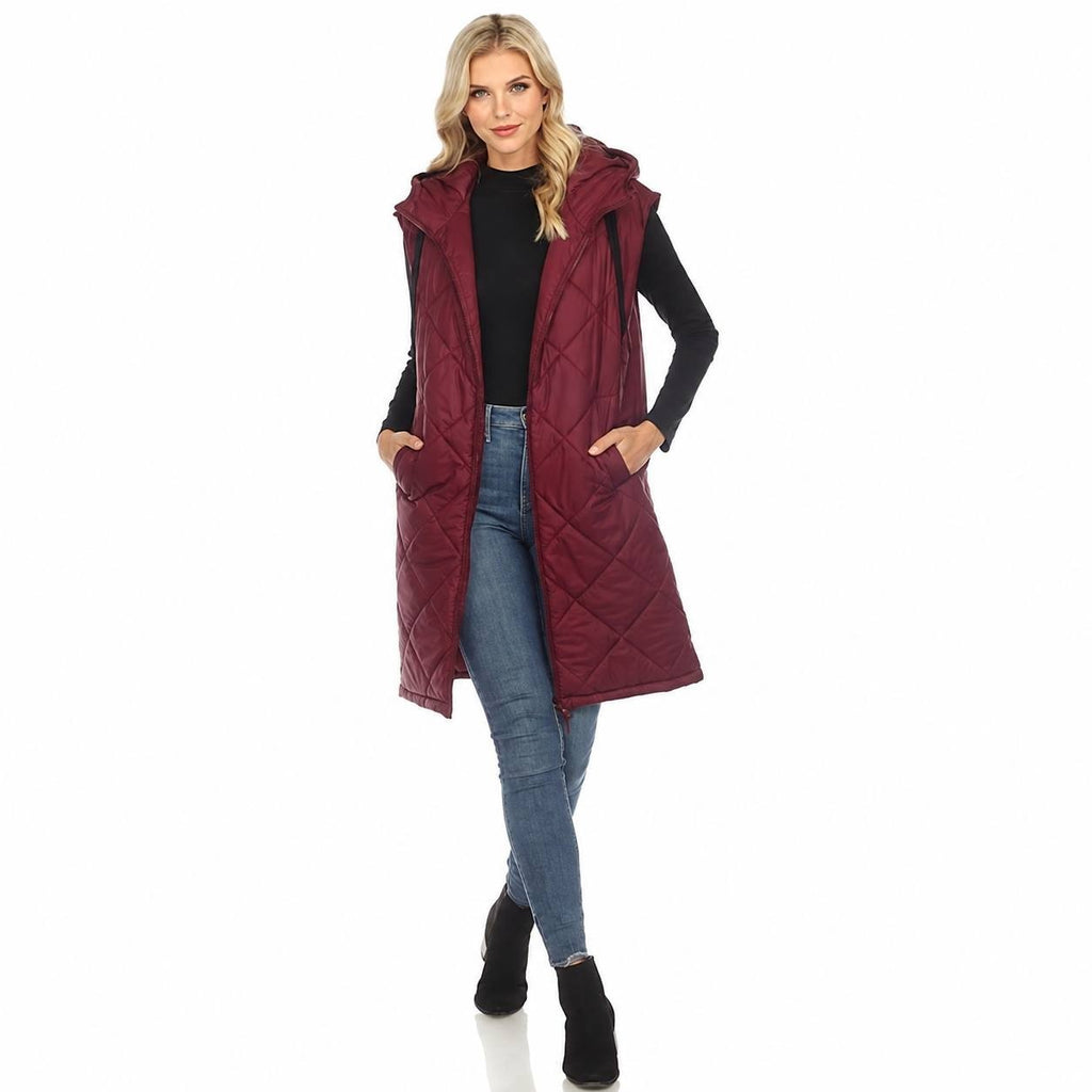 White Mark Diamond Quilted Hooded Puffer Vest Burgundy L NWT $95