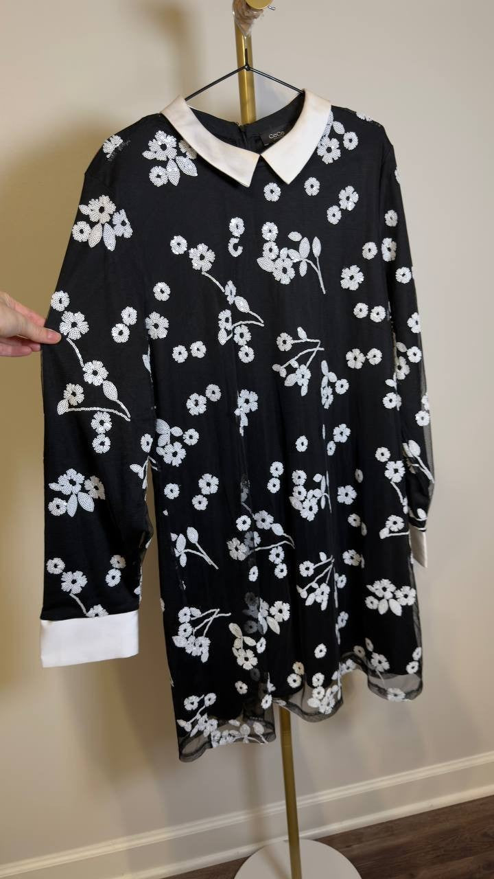 CeCe Women’s Sequin Floral Mini Dress Long Sleeve Reach Black XL NWT $119 