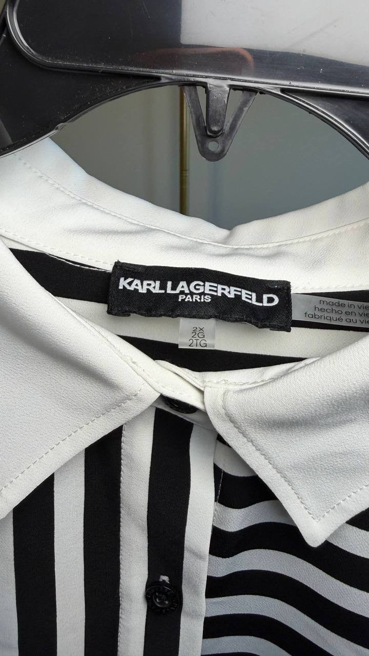Karl Lagerfeld Paris Plus Striped Button‑Front Shirt Black/White 2X NWT $109
