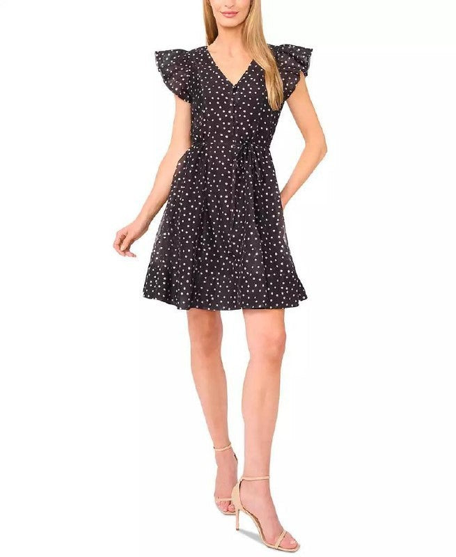 CeCe Polka‑Dot Tie‑Waist Flutter‑Sleeve Mini Dress – Black– Size L – NWOT –$119