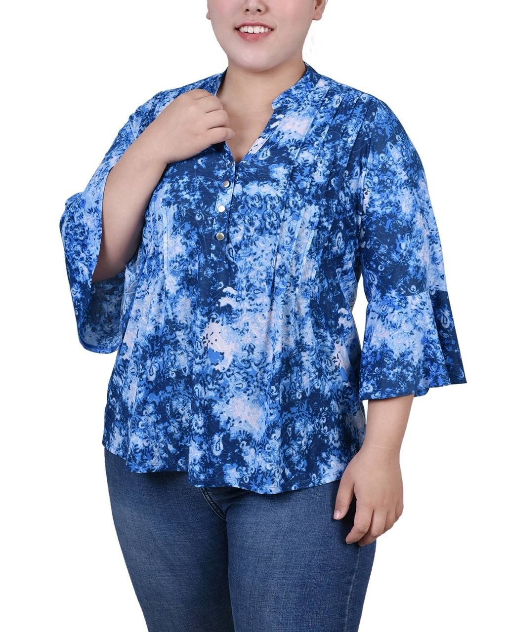 NY Collection Plus 3/4 Bell Sleeve Pleat Y‑Neck Top Blue Flower 1X NWT $35.99