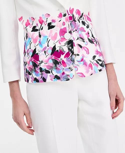 Kasper Petite Floral‑Print Double‑Button Blazer Lily White Multi 14P NWT $149