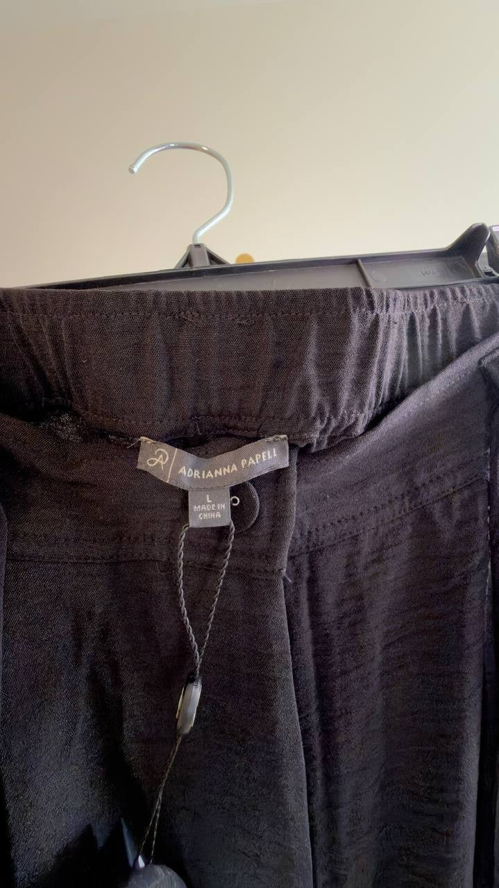 Adrianna Papell Tie Belt Airflow Pleated Wide‑Leg Pants Black L NWT $50