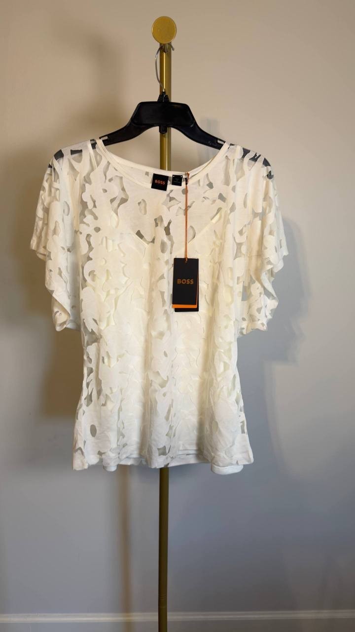 BOSS Orange Floral Lace Flutter Sleeve Top Open White XL NWT $99