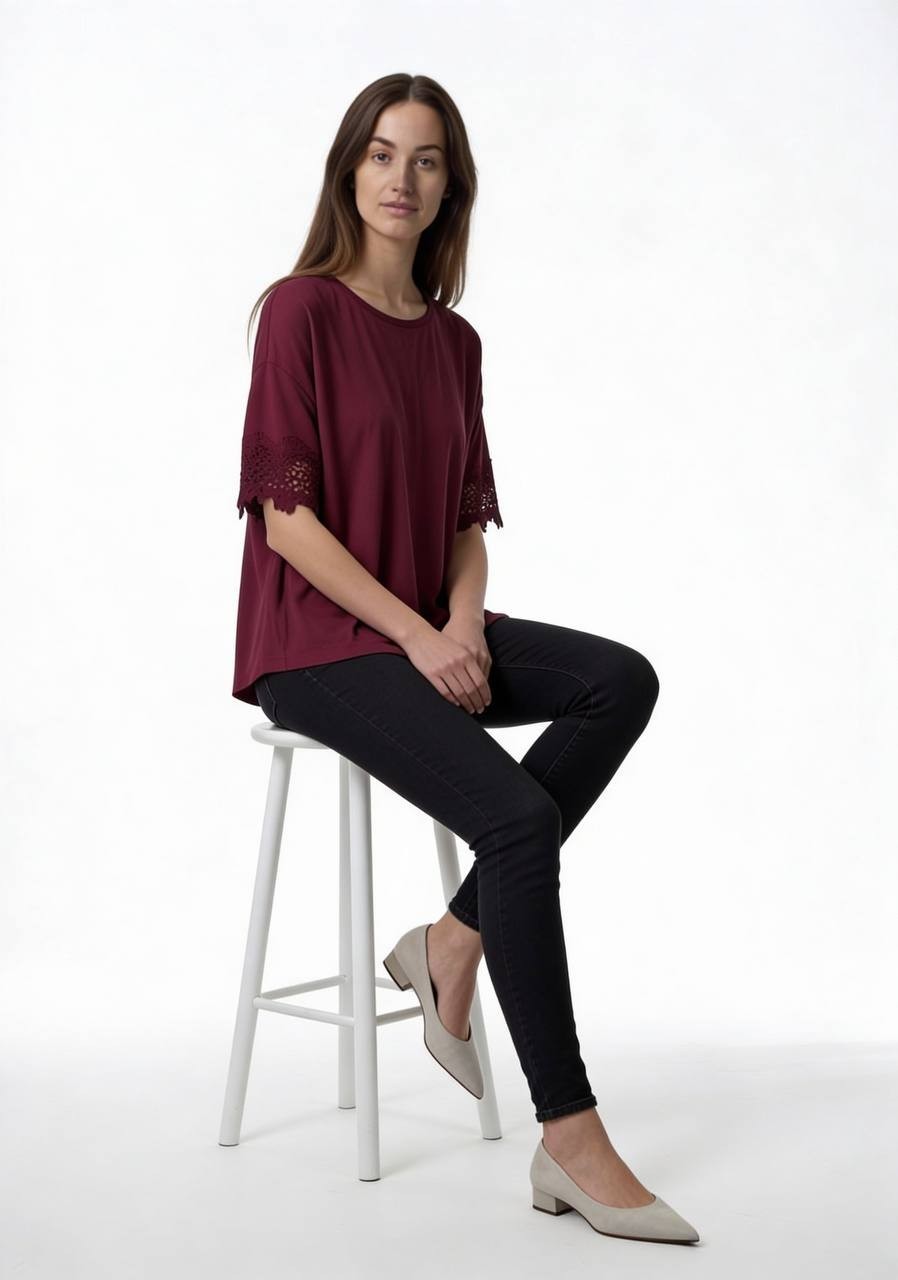 Wear Lucky Burgundy Blouse Embroidered Sleeves – Size 6 – NWT –$49.50