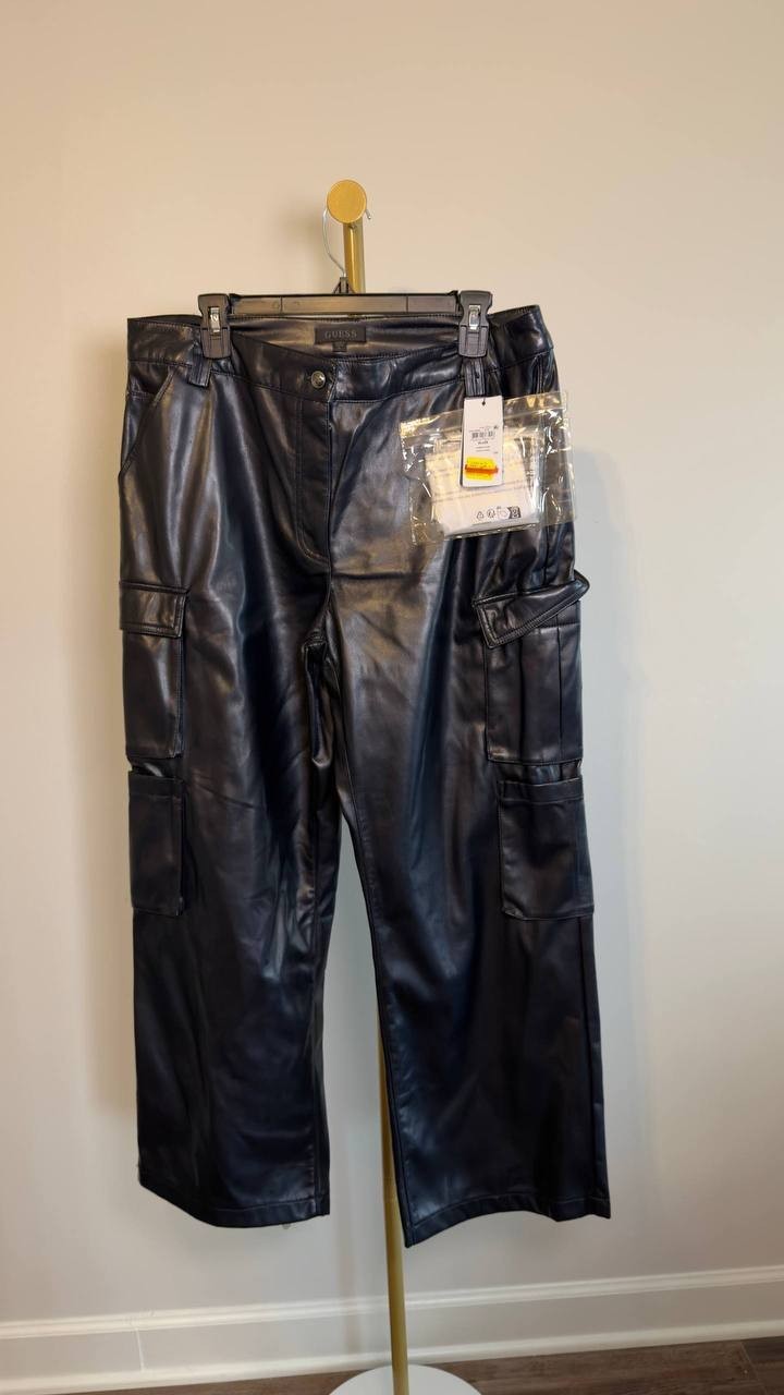 Guess Kori High‑Rise Faux‑Leather Cargo Pants Daring Ocean XL NWT $148