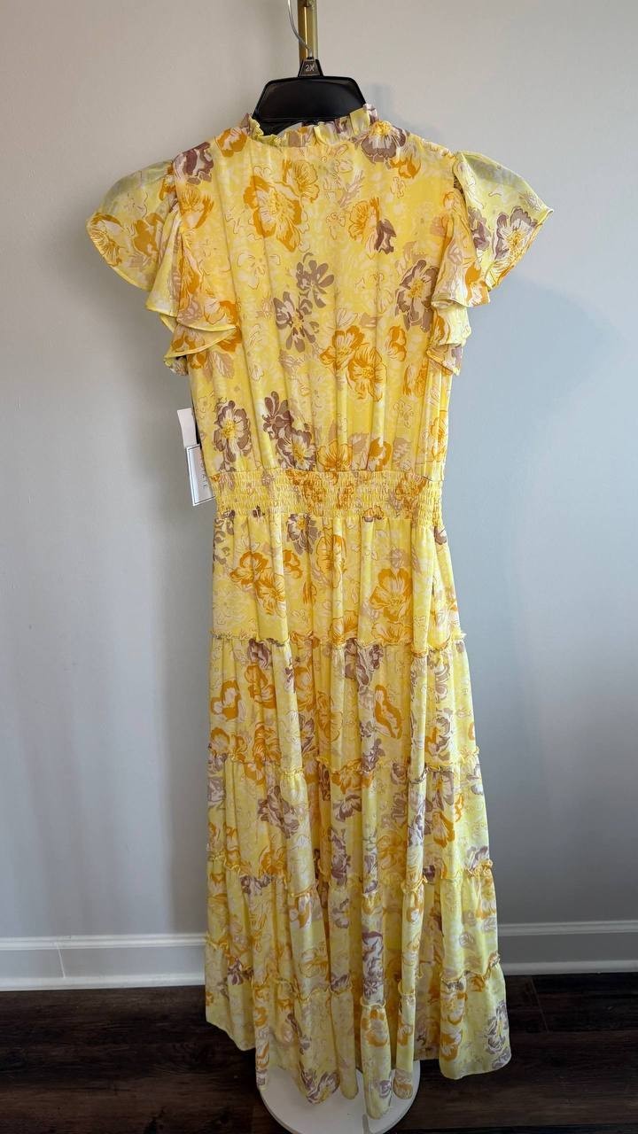 1.STATE Tiered Floral Flutter‑Sleeve Maxi Dress Lemon Meringue XS NWT $139