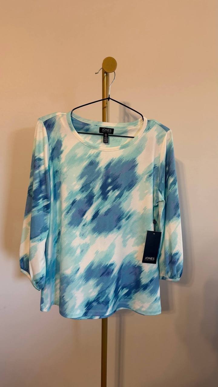 Jones New York Women’s Watercolor‑Print 3/4‑Sleeve Top Blue Multi S $59.50 NWT