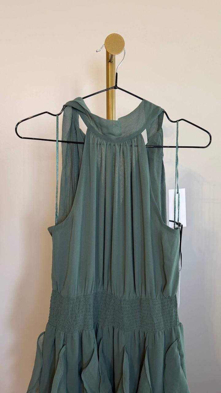 1.STATE Dark Forest Halter Neck Ruffle Maxi Dress Size S NWT Damaged Fabric