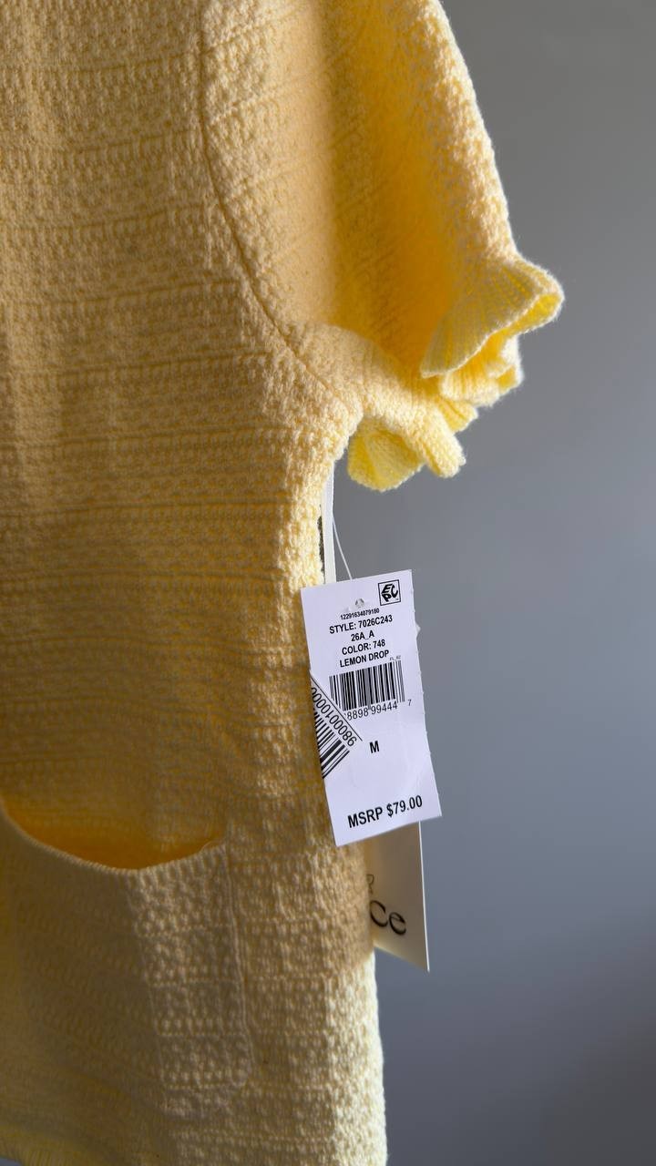 CeCe Crewneck Short‑Sleeve Cardigan Lemon Drop M NWT $79