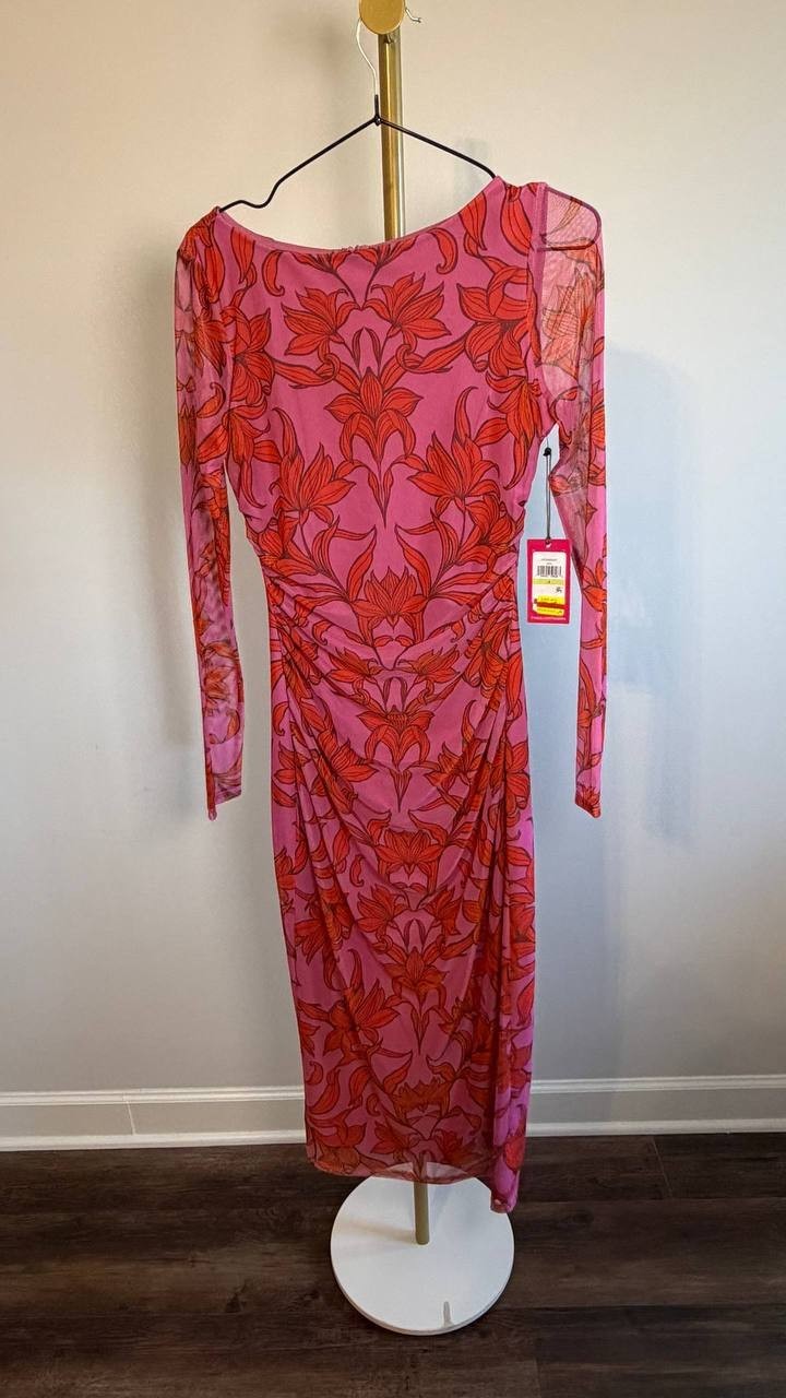 Vince Camuto Bodycon Mesh‑Sleeve Ruched Dress Red Floral 4 NWT $158