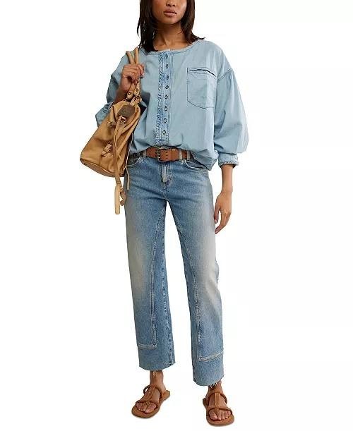 Free People We The Free Denim Dreaming Pullover Light Blue M NWOT $148