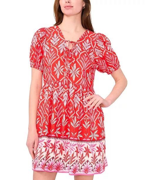 MSK Printed Tie‑Neck Short‑Sleeve Fit & Flare Dress Red XS NWT $89