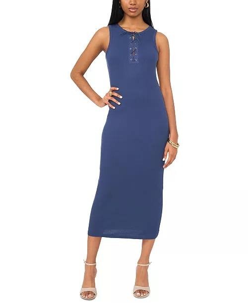 1.STATE Dress XL Blue Cotton Lace-Up Bodycon Sleeveless Midi Pullover NWT