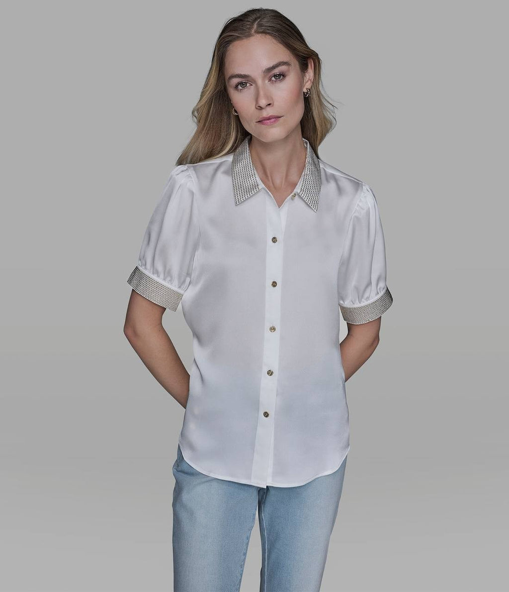 Karl Lagerfeld Paris Beaded Satin Stud Blouse Soft White M NWT $109