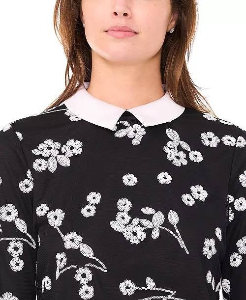 CeCe Women’s Sequin Floral Mini Dress Long Sleeve Reach Black XL NWT $119 