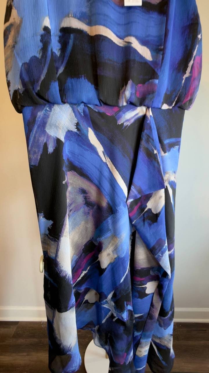 DKNY Printed Blouson Asymmetric-Hem Dress Blue Multi 8 NWT $129