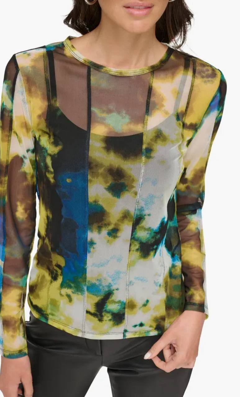 DKNY Tie-Dye Mesh Top – Size XS – NWT – Floral Multi Long Sleeve Crewneck Sheer