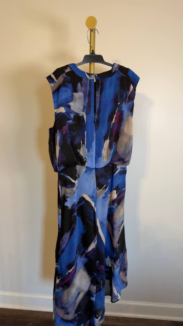 DKNY Printed Blouson Asymmetric‑Hem Dress Blue Brush Stroke 4 NWT $129