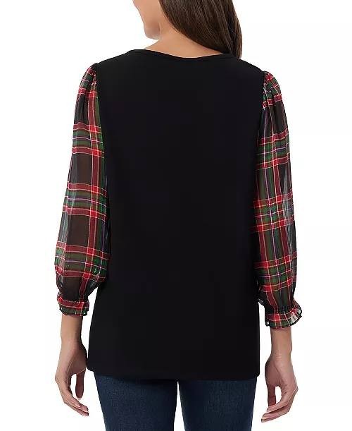 Jones New York Plaid-Sleeve Crewneck Top, Black PS Petite NWT New with Tags