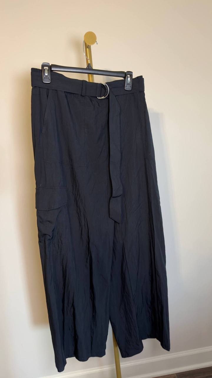 Bar III High Rise Belted Wide-Leg Cargo Pants Deep Black L NWT $59.50