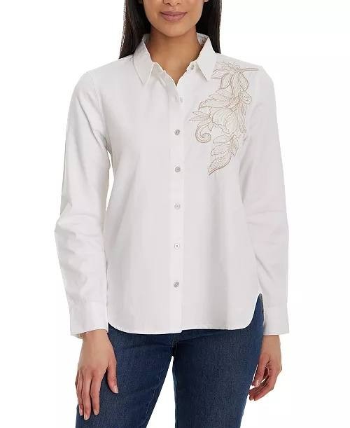 Gloria Vanderbilt Laine Cotton Embroidered Shirt White L NWT $54