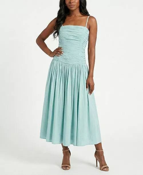 Taylor Shirred Drop Waist Square Neck Midi Dress Seafoam 2 NWT $139