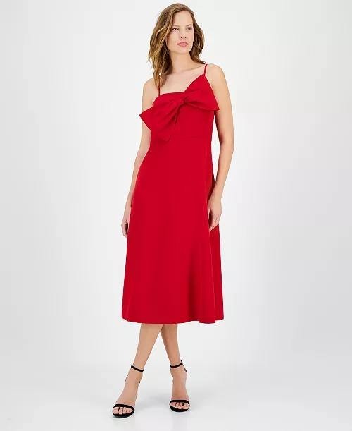 Anne Klein Women’s Bow‑Front Midi A‑Line Dress Red 6 $159 NWT