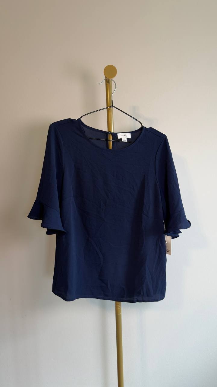 CeCe Ruffle Sleeve  Blouse Classic Navy S NWT $49