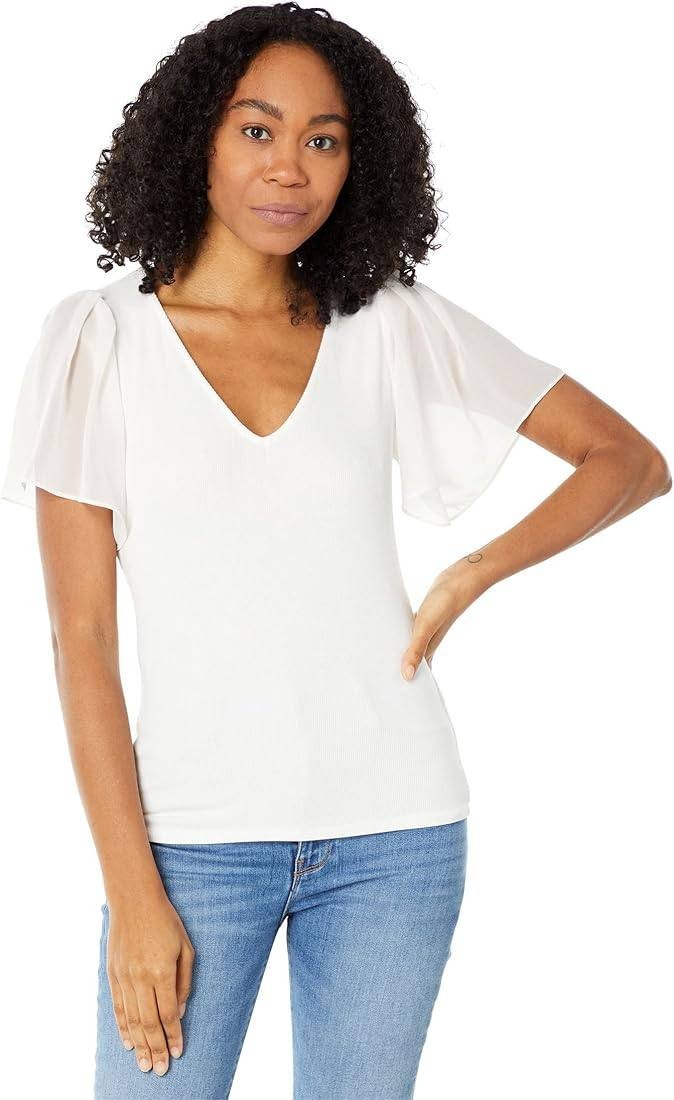 1.STATE Flutter Sleeve Rib Knit T‑Shirt New Ivory S NWT $59