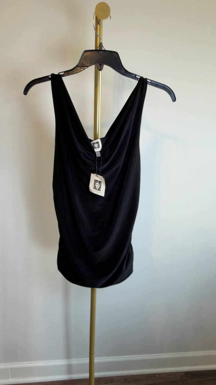Anne Klein Ruched Draped‑Neck Textured Crepe Knit Top Black S NWT $69