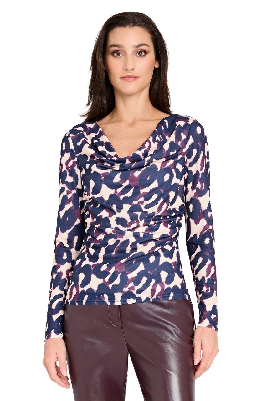 Tahari ASL Abstract Print Cowl Neck Top Plum Leopard XL NWT $79