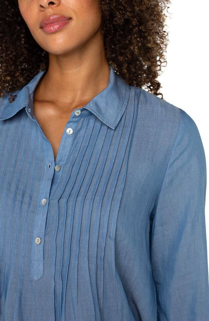 Liverpool Pintuck Pleat Woven Long‑Sleeve Shirt – PL – Bridgeton Light –NWT– $89