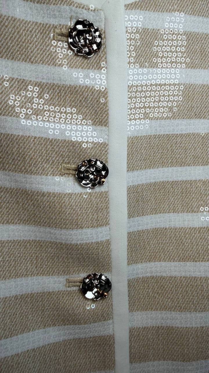 Karl Lagerfeld Paris Sequinned Striped Jacket White/Beige 2 NWT $229