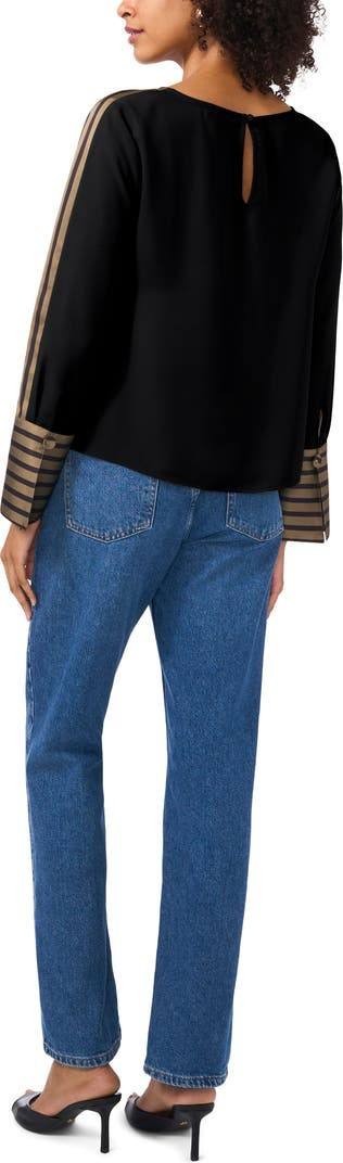 Vince Camuto Stripe Accent Boat Neck Top Black Long Sleeve Cuffs Size S NWT $89