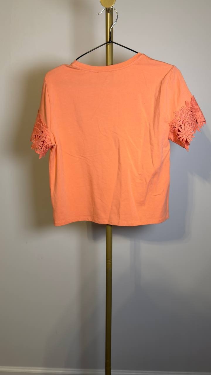 Karl Lagerfeld Lace‑Trim Knit Top Orange XS NWOT $99
