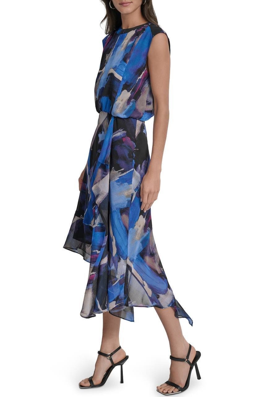 DKNY Printed Blouson Asymmetric‑Hem Dress Blue Brush Stroke 4 NWT $129