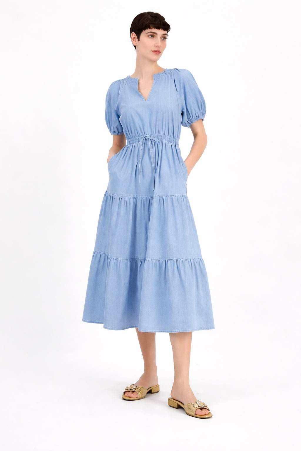 Anne Klein Women’s Split‑Neck Puff‑Sleeve Denim Midi Dress Blue $129 NWT
